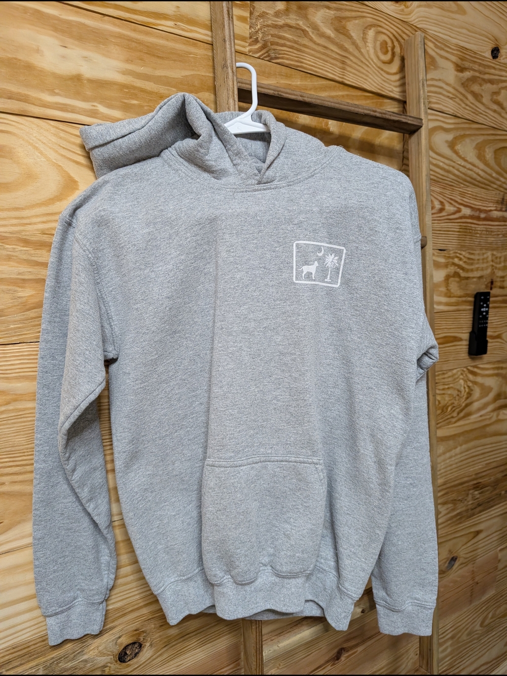 Palmetto Moon Gray Pullover Hoodie with Small White Chest Graphic